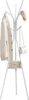 A white coat rack with a beige jacket, a beige handbag, and a beige cap hanging on it. There is also a beige storage box on a shelf. Náhľad obrázku produktu
