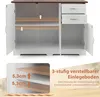 A white sideboard with a brown top, featuring open doors and drawers, with an inset showing adjustable shelf heights. Produktbild-Vorschau