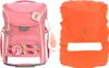 A pink school backpack and an orange rain cover are shown side-by-side against a white background. Voir les images du produit