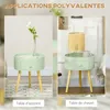 A collage showing two different applications of a green round side table with wooden legs. Voir les images du produit