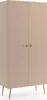 A beige two-door wardrobe with wooden legs and gold handles, shown against a white background. Produktbild-Vorschau