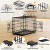 A black metal dog crate is shown with various features highlighted by text labels and close-up insets. Produktbild-Vorschau