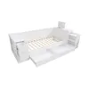 A white wooden bed frame with drawers and steps, shown from a diagonal angle against a white background. Produktbild-Vorschau