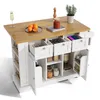 A white kitchen island with a wooden countertop, filled with various kitchen items and storage compartments. Produktbild-Vorschau