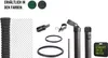A collection of fencing components and accessories, including a roll of chain-link fence, various connectors, and fence posts, with color swatches indicating available colors. Produktbild-Vorschau