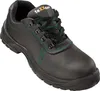 A black safety shoe with green stitching and laces, shown from a three-quarter angle on a white background. Produktbild-Vorschau