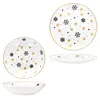 A collage of images showing a set of plates and bowls with a snowflake and star pattern. Podgląd zdjęcia produktu