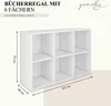 A white bookshelf with 6 compartments, shown with dimensions indicated by measurement lines and text. Produktbild-Vorschau