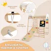 A marketing image showcasing a wooden children's climbing frame with various activities, highlighting safety features with callouts and text. Podgląd zdjęcia produktu