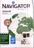 A package of Navigator Universal office paper is shown with a graphic of the Earth and various marketing labels. Produktbild-Vorschau