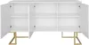 A white sideboard with gold legs is shown with its doors open, revealing shelves inside. Voir les images du produit