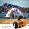 A person and a dog are sitting in a tent with a lake and mountains in the background. An orange emergency radio is in the foreground. Produktbild-Vorschau