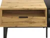 A close-up view of a wooden and black coffee table with a drawer and an open shelf. Produktbild-Vorschau