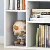 A close-up view of a white bookshelf with books and a stuffed snowman toy. Náhled obrázku produktu