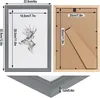 A collage of images showing a gray picture frame with a deer drawing inside, the back of a wooden picture frame, and a close-up of the frame's corner, all with dimension labels. Produktbild-Vorschau
