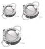 Three stainless steel dumpling makers of different sizes are displayed against a white background, with measurements indicated. Produktbild-Vorschau