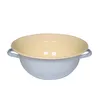 A light blue and cream colored enamel bowl with handles, shown against a white background. Produktbild-Vorschau
