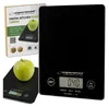 A black digital kitchen scale with a green apple on top, next to its packaging. Náhľad obrázku produktu