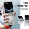 A person is holding a transparent phone case for a foldable phone, with other product shots and marketing text in the background. Produktbild-Vorschau