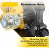 Close-up view of a power tool motor with a cutaway showing internal components and text overlays highlighting features. Produktbild-Vorschau