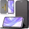 A black flip case for a smartphone, shown from multiple angles, including open and closed views, with a credit card inserted. Produktbild-Vorschau