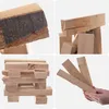 A collage of four images showing different views and arrangements of wooden logs, some stacked and some held by a hand. Produktbild-Vorschau