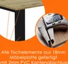 A close-up of a table edge with a caliper measuring the thickness, and a text overlay describing the product's features. Náhled obrázku produktu