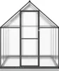 A front view of a greenhouse with a gray frame and clear panels, set against a white background. Voir les images du produit