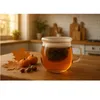 A glass teapot with tea, autumn leaves, and small pumpkins on a wooden table. Náhled obrázku produktu