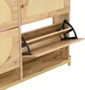 Close-up view of an open shoe cabinet with wooden shelves and black metal hinges. Anteprima dell’immagine prodotto