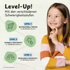 A young girl is shown looking thoughtfully to the side, with a graphic overlay illustrating different sewing difficulty levels for a craft project. Produktbild-Vorschau