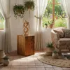 A wooden column with a sculpture on top, placed in a sunlit room with plants and curtains. Voir les images du produit