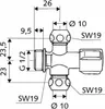 Technical drawing with dimensions of a plumbing valve. Podgląd zdjęcia produktu