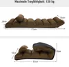 Two views of a brown foldable floor chair with dimensions indicated. Náhľad obrázku produktu