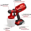 A red cordless paint sprayer with various parts labeled in German. Produktbild-Vorschau