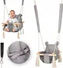 A collage of images showing a baby swing for infants and toddlers, with a close-up of the safety buckle. Náhled obrázku produktu