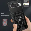 A hand holding a black smartphone case with a ring stand and camera cover. Produktbild-Vorschau