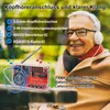 An elderly man wearing headphones is smiling and listening to music from a DIY FM radio kit. The radio kit is shown in the foreground with its components visible. Text overlays describe the features of the radio. Produktbild-Vorschau