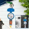A person is using a garden hose connected to a water meter attached to a faucet on a brick wall. A washing machine is shown in an inset image. Produktbild-Vorschau