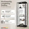 A glass display cabinet with various items on shelves, along with descriptive text and dimensions. Produktbild-Vorschau
