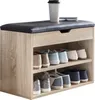 A shoe bench with storage compartments and a padded seat, displaying various shoes on its shelves. Produktbild-Vorschau