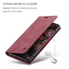 A red phone case is shown open, revealing the phone screen. Text describes the magnetic closure feature. Produktbild-Vorschau