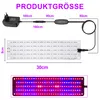 Diagram showing the dimensions and components of a plant grow light, with a separate image of the light emitting red and blue spectrums. Náhľad obrázku produktu
