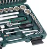 A close-up view of a Brüder Mannesmann toolset, showcasing various sockets, ratchets, and extensions neatly organized within a dark green case. Produktbild-Vorschau