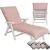 A pink chaise lounge cushion on a white wooden chaise lounge, with a view of the back of the chaise lounge and a set of rolled-up towels in different colors at the bottom. Produktbild-Vorschau