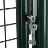 A close-up view of a green metal gate lock with two silver keys inserted and hanging from it. Produktbild-Vorschau
