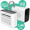 A portable air conditioner unit and its outdoor component are shown, with icons indicating it's suitable for caravans and has cooling capabilities. A power rating is also displayed. Anteprima dell’immagine prodotto