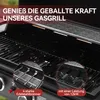 Close-up view of a gas grill with text overlays highlighting features. Produktbild-Vorschau