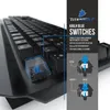 A close-up view of a mechanical keyboard with a highlighted switch and diagrams explaining its function. Produktbild-Vorschau
