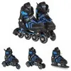 A set of children's roller skates, inline skates, and ice skates, all in black with blue accents, displayed against a white background. Voir les images du produit